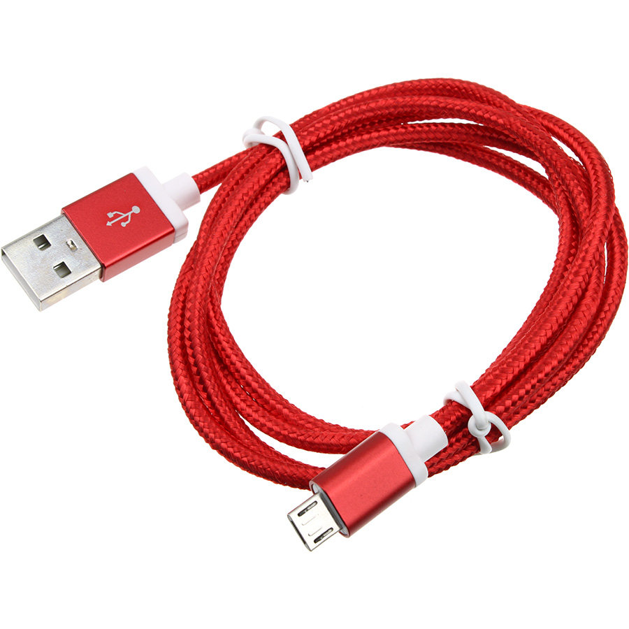 Шнур USB A-Micro-USB B (Android) 5PIN 1.0м оплетка ткань, красный