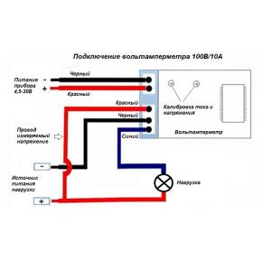 Вольтметр амперметр (модуль) 0-100В, 0-10А (красный. синий)
