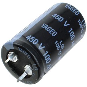 Конденсатор 100мкФ 450В, 22*40мм 105C, Yageo LG450M0100BPF-2240 Snap-in, 650мА, 2000час