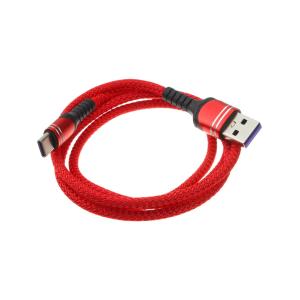 Шнур USB A-USB Type C 1м, оплетка ткань 5A, красный