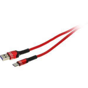 Шнур USB A-USB Type C 1м, оплетка ткань 5A, красный