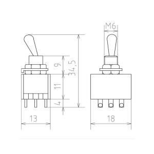 Тумблер 13*18 250В/2А 9 контактов 3 положения метал