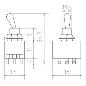 Тумблер 13*18 250В/2А 9 контактов 3 положения метал